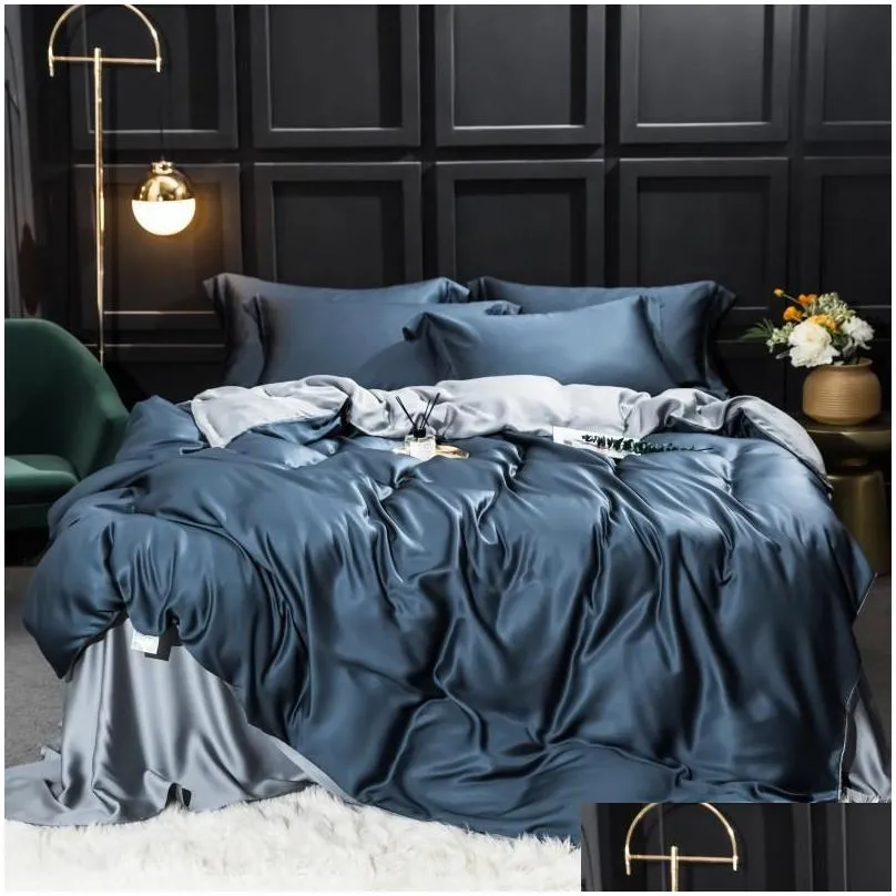 slowdream pure blue gray 100 silk bedding set beauty healthy queen king silky quilt cover pillwocase flat sheet or fitted sheet