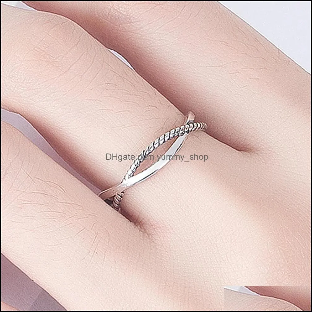 s925 silver antique band rings fashion crossed adjustable women jewelry