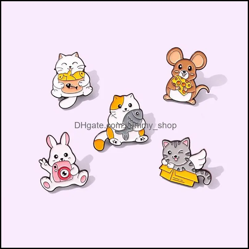 cat and fish enamel pin rabbit mouse cheese brooches metal badges bag clothes pins up jewelry gift for animal lover