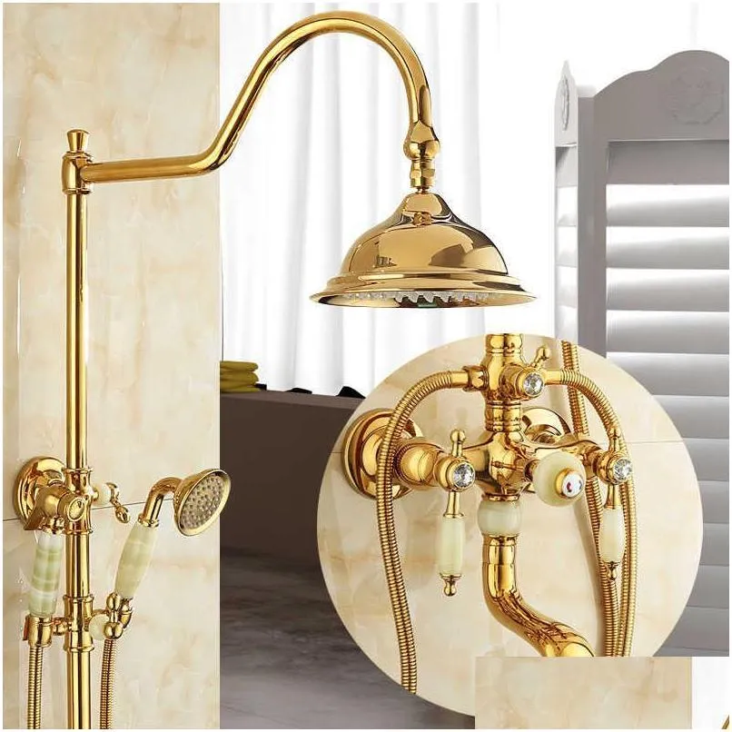 tuqiu bath and shower faucet gold brass jade set wall mounted rainfall hand bathroom sets