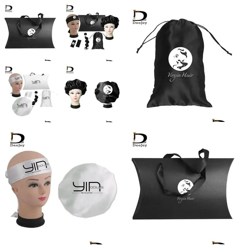 custom logo hair extension bundles packaging sets human virgin hair adhesive wrap hang tags bonnets satin package bags box kit1