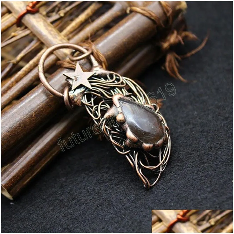 long natural stone quartz necklace antique copper wire wrap pendulum big labradorites grey moonstone pendants crystal necklaces