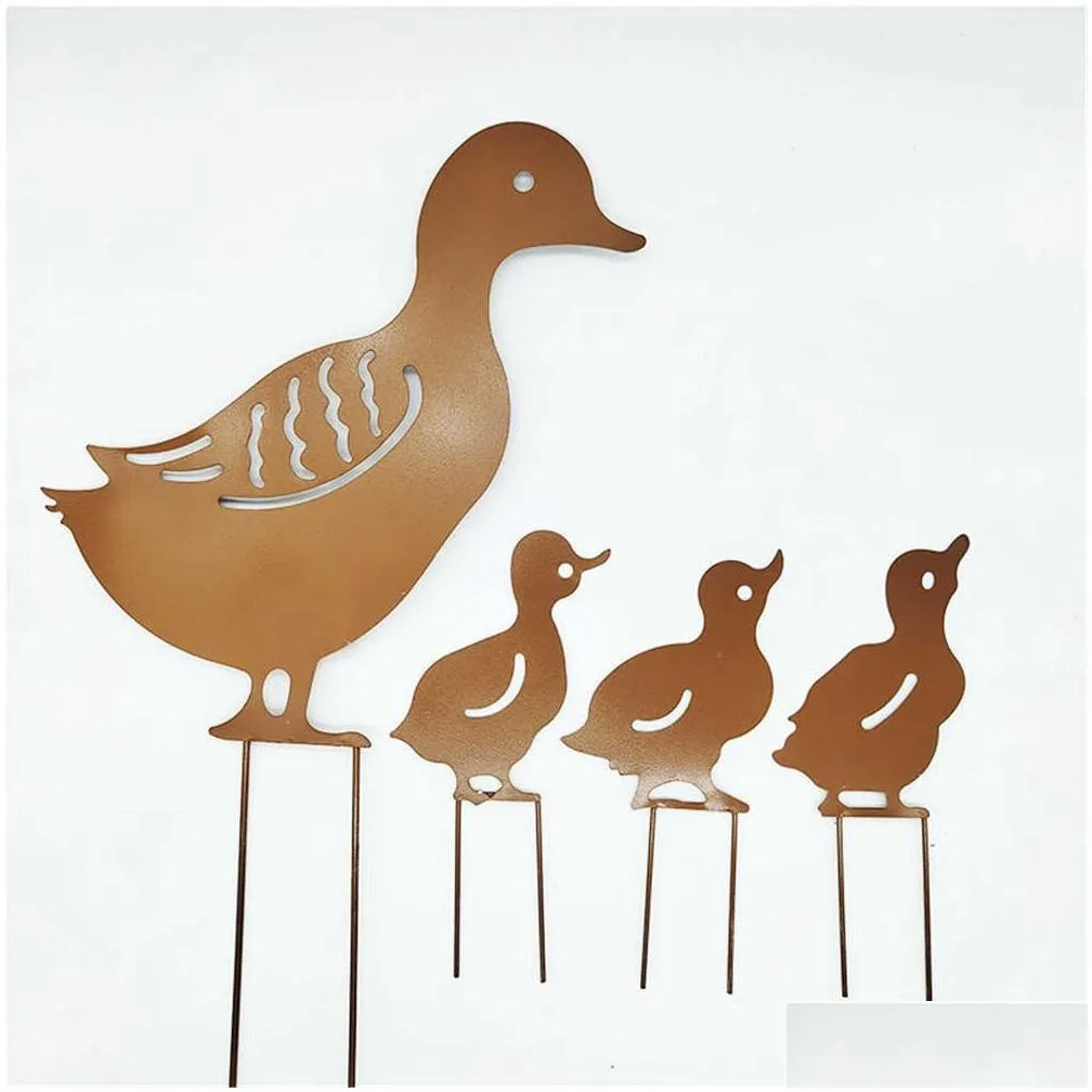 4 pcs metal duck outdoor decoration outside decor yard garden ornaments q0811