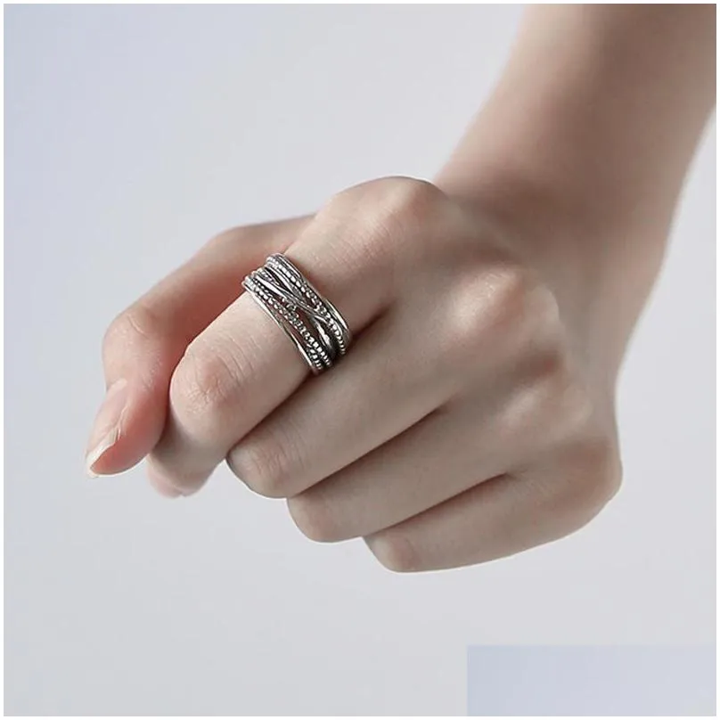 genuine silver jewelry 925 sterling silver multilayer wrap twist vintage open ring for women men vintage retro adjustable statement