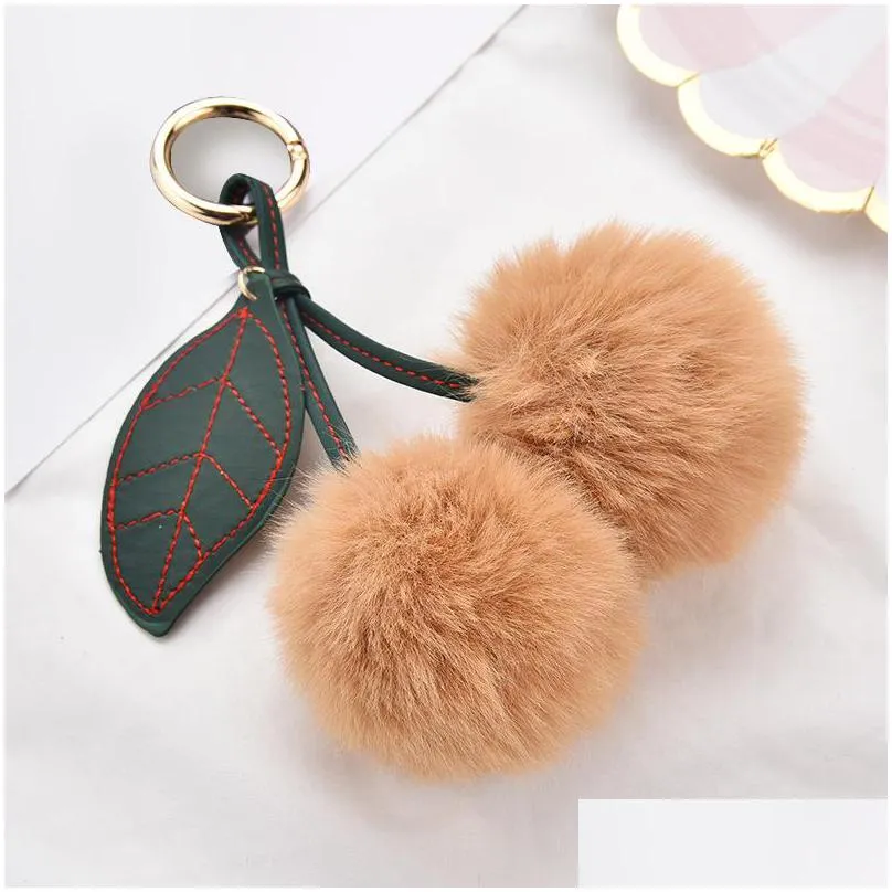 fashion new cute fluffy artificial rabbit fur ball pompom leaf sweet keychain cherry car key ring handbag pendant women gifts