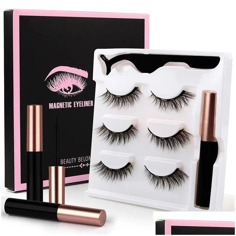 3 pairs magnetic liquid eyeliner and false lashes natural fake eyelashes set glue magnet black box coloris wholesale makeup