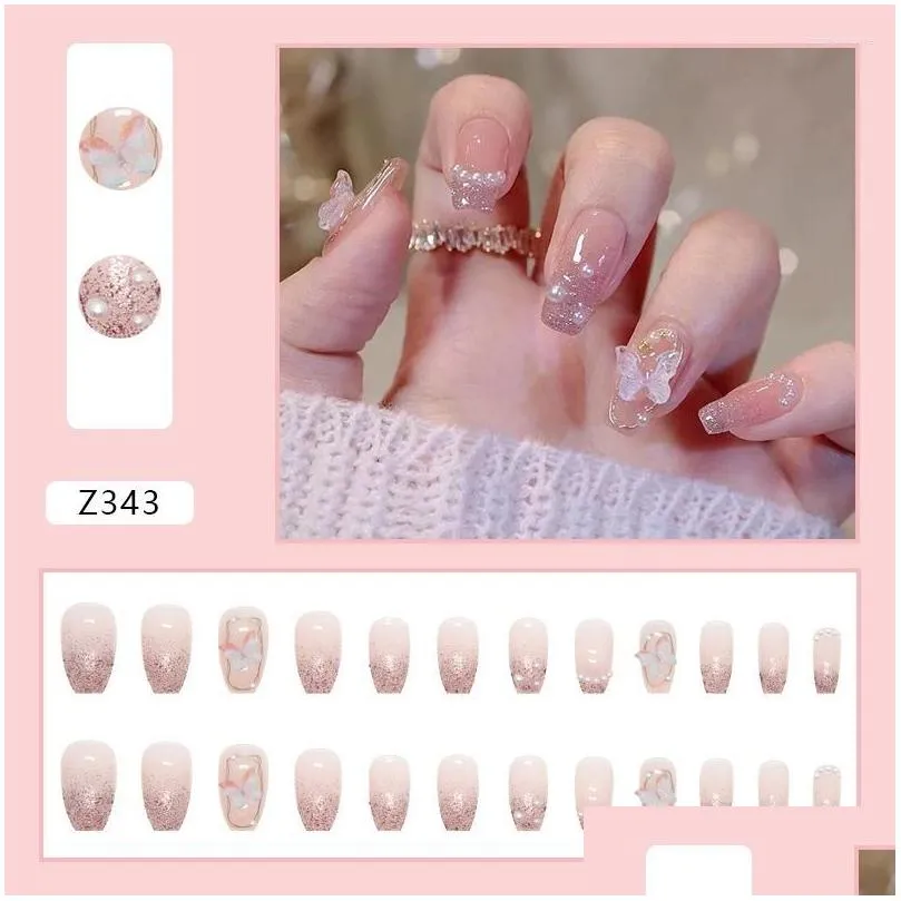 false nails 24pcs/box butterfly fake press on short square french tips nail set with sticker art 2023