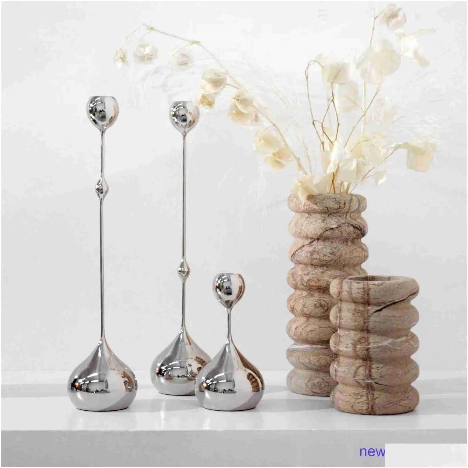 factory outlet european style metal water drop silver candlestick soft decoration model room home living desktop dining handicraft