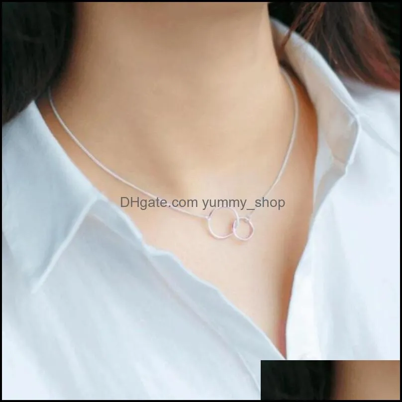 925 sterling silver double circle interlock clavicle short necklace silver color necklace for women collares erkek kolye869 t2