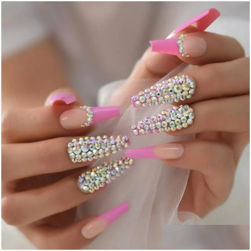 false nails rhinestones nail press ons extra long coffin 3d designed fake jewel luxury rosy nude royalty tips