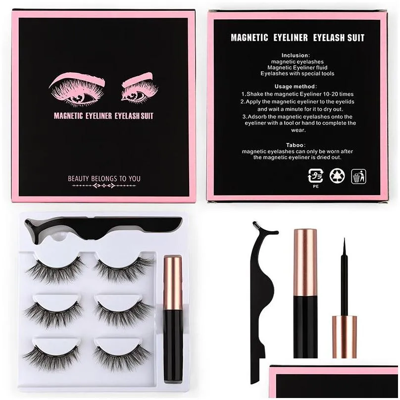 3 pairs magnetic liquid eyeliner and false lashes natural fake eyelashes set glue magnet black box coloris wholesale makeup