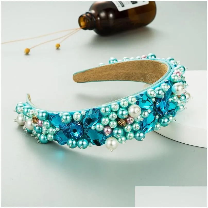 full color simulated pearl headband for woman vintage geometric crystal hairband female wedding hair accessories