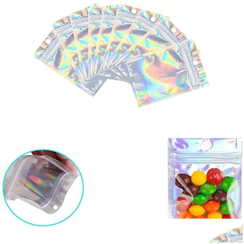 100pcs lot resealable plastic retail packaging bags holographic aluminum foil pouch smell proof bag for food storage