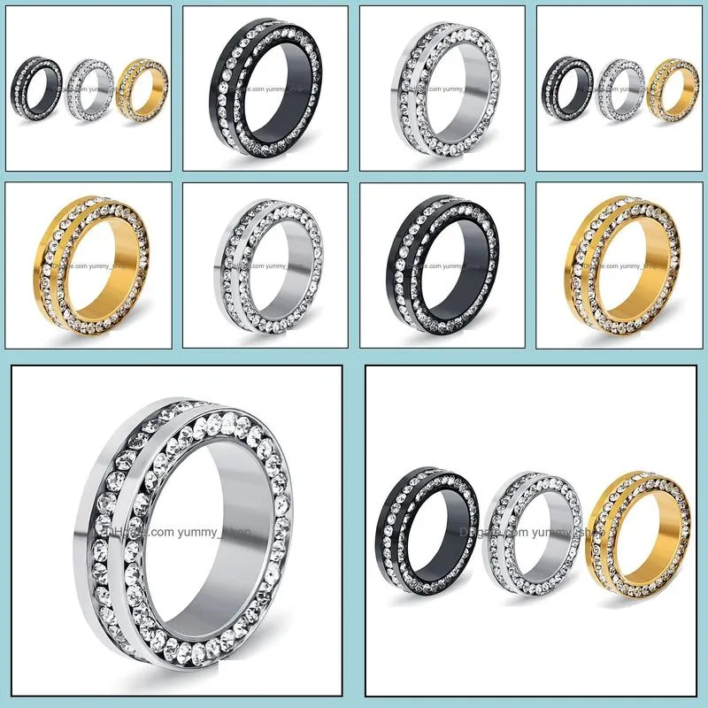 full rhinestone crystal stainless steel rings for women men gold color wedding ring