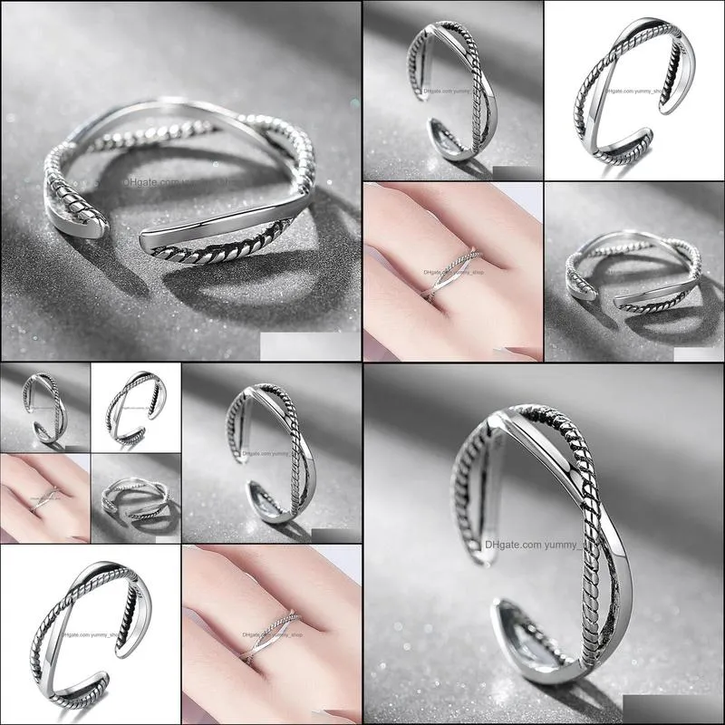 s925 silver antique band rings fashion crossed adjustable women jewelry