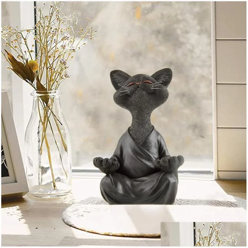 whimsical black buddha cat figurine meditation yoga collectible happy decor art sculptures garden statues home decorations