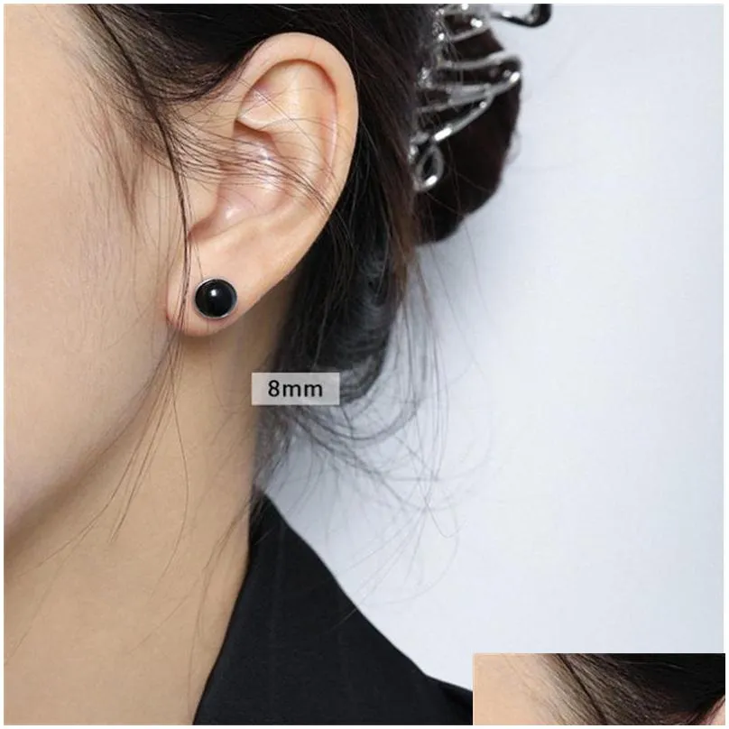 100 925 sterling silver stud earring 4/6/8mm geometric round black agate earrings for women girls