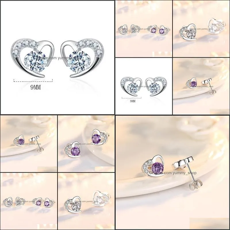 925 sterling silver stud earrings high quality woman fashion jewelry heartshaped amethyst zircon earring