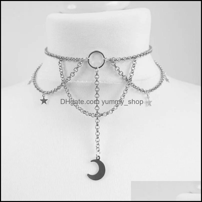 goth dainty chain crescent moon and stars choker witch necklace silver colour pendant punk jewelry women gift fashion gothic 5576