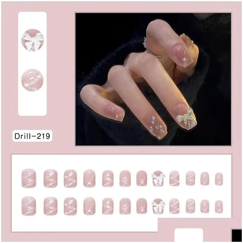 false nails 24pcs  summer fairy flower pattern nail art fake with glue pink purple short wearable wearing tools