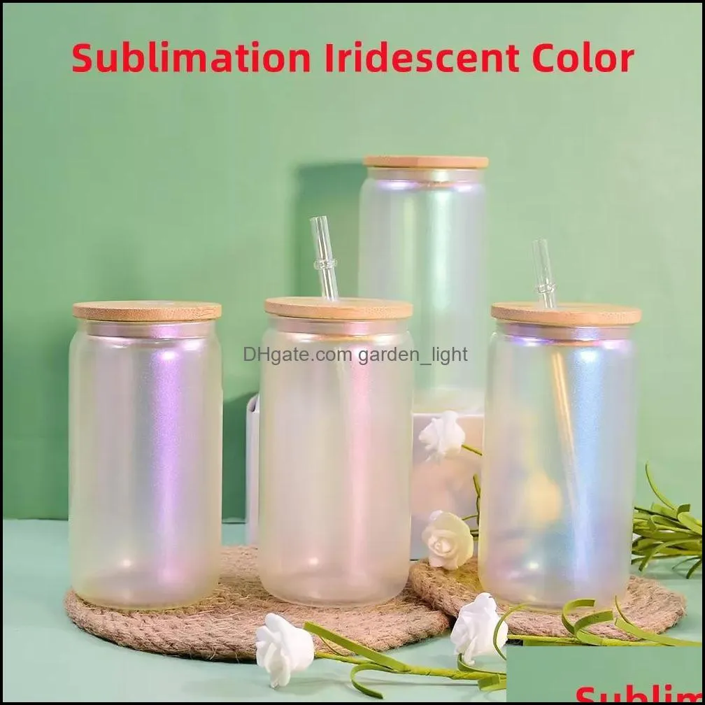 16oz sublimation iridescent glass can rainbow glass shimmer beer glass tumbler frosted drinking glasses with bamboo lid and reusable straw holographic