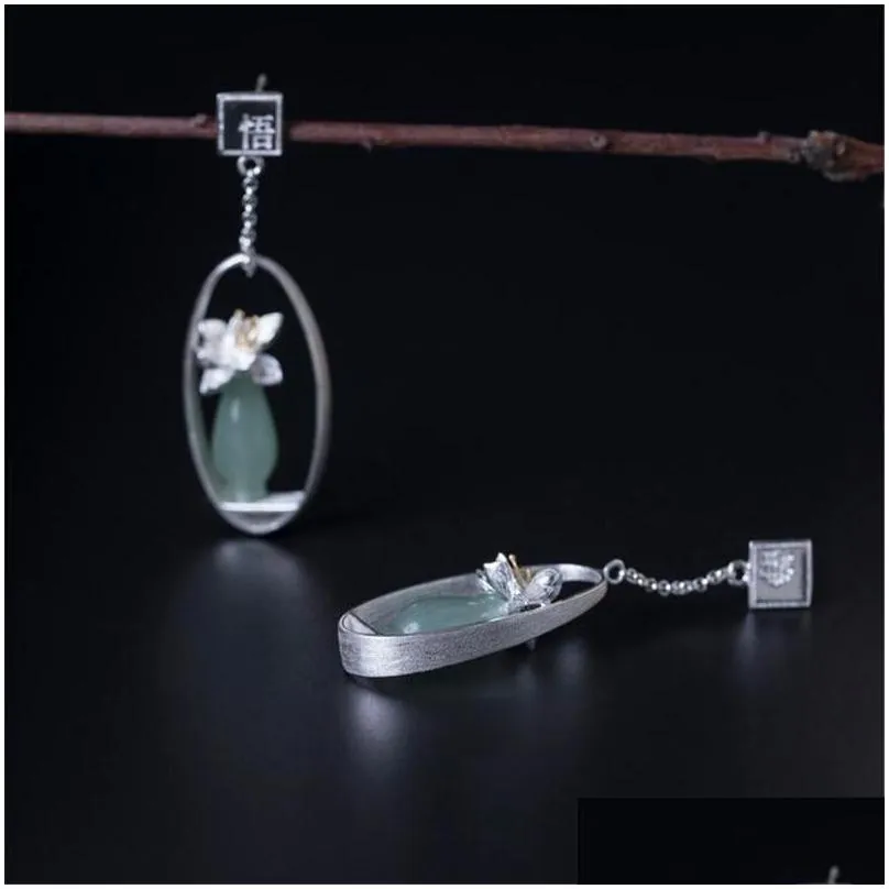 natural handmade jade carving flower earrings for women authentic 925 sterling silver asymmetric chinese letter long dangle earring