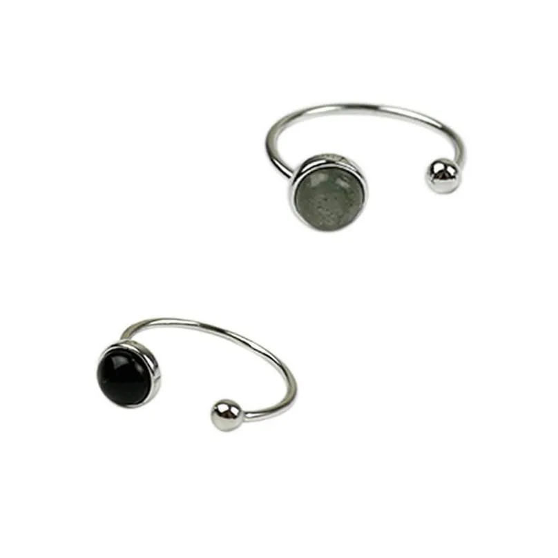 new simple style 925 sterling silver round beads black agate moon stone open size rings for women statement adjustable ring