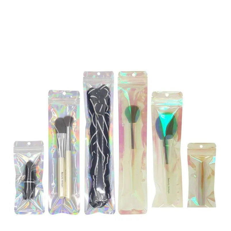 multisizes holographic brush packing bags with hanger hole 100pcs lot zipper seal packaging usb bag