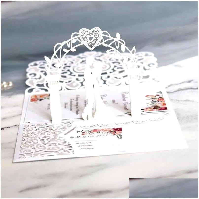 50 pieces/lot 3d bride and groom white wedding invitation card laser cut pocket floral engagement customized invitations ic052