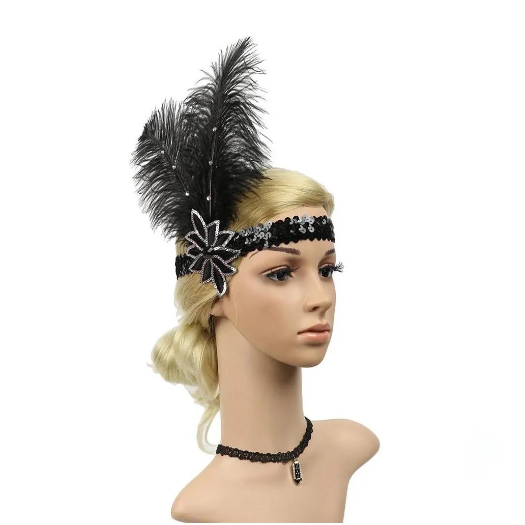 womens elegant headbands vintage sequins party headpiece fashion beaded flapper feather hair headband wedding bridal accessory