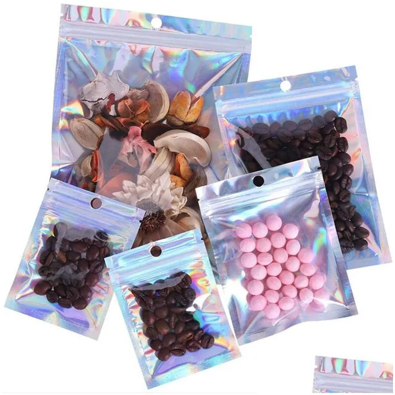100pcs lot resealable plastic retail packaging bags holographic aluminum foil pouch smell proof bag for food storage
