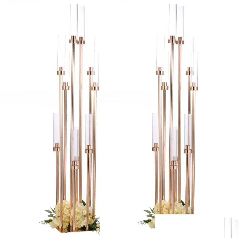candle holders 10pcs flowers vases road lead table centerpiece gold metal stand pillar candlestick for wedding candelabra