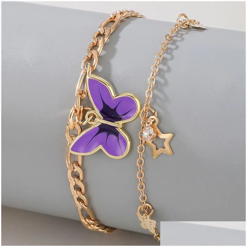 anklets 2 pcsset enamel butterfly charm ankle bracelets for women cute star fringed anklet bracelet boho girls foot chain beach jewelry