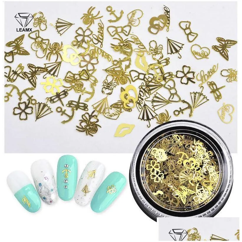 leamx 1box 3d rhinestones gold hollow sequins nail art decorations butterfly heart snow christmas flake accessories beauty