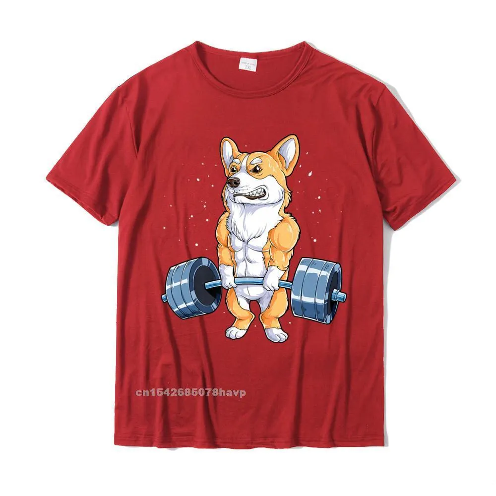 2021 Popular Printed Summer T Shirt O-Neck 100% Cotton Men Tops Shirts Short Sleeve Summer/Fall Summer T Shirt Corgi Weightlifting Funny Deadlift Men Fitness Gym Workout Premium T-Shirt__2232. red