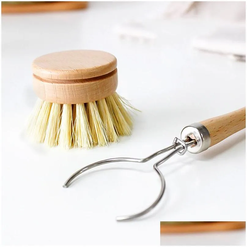 natural plant silk beech wood long handle brush replaceable pot brush solid wooden handle cleaning brush