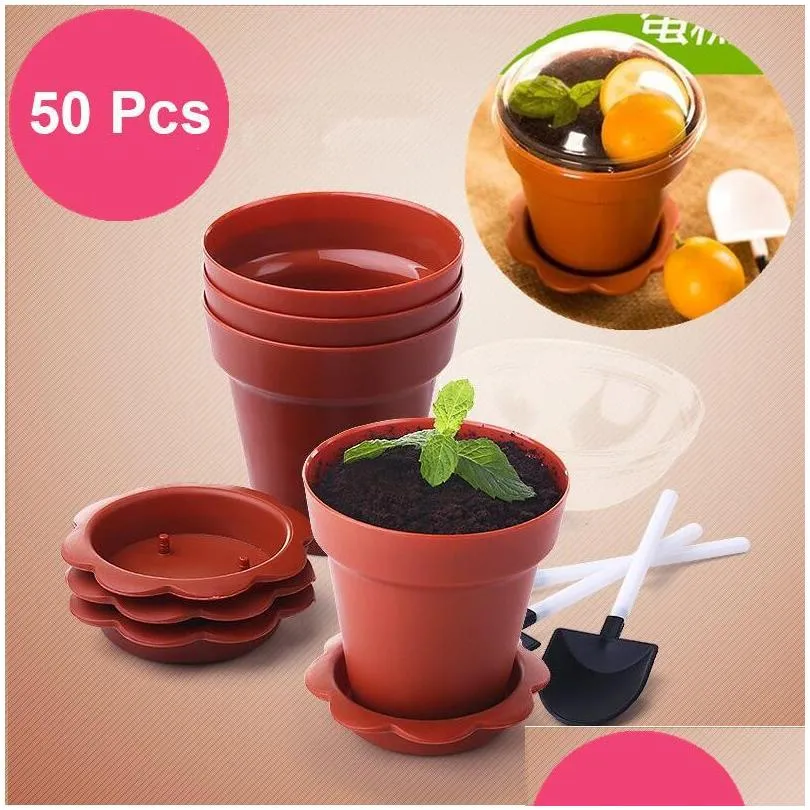 50 sets creative flower pot cake cups shovel lid tiramisu decor ice cream cup for wedding kids birthday party supplies