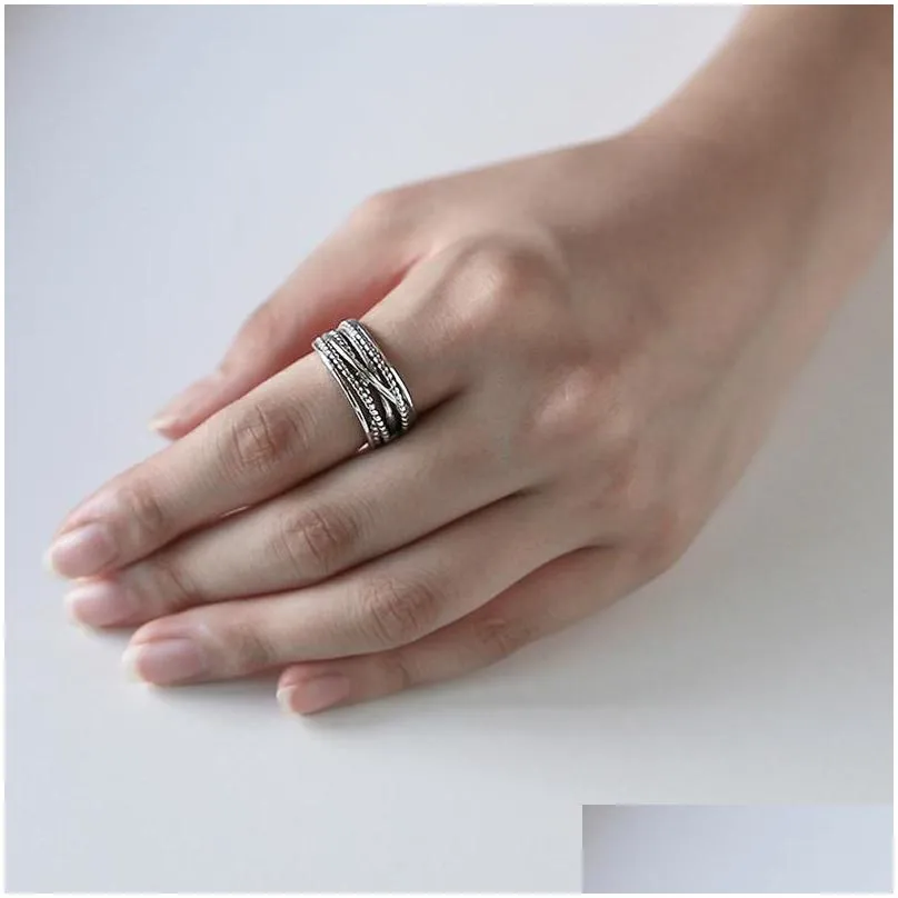 genuine silver jewelry 925 sterling silver multilayer wrap twist vintage open ring for women men vintage retro adjustable statement