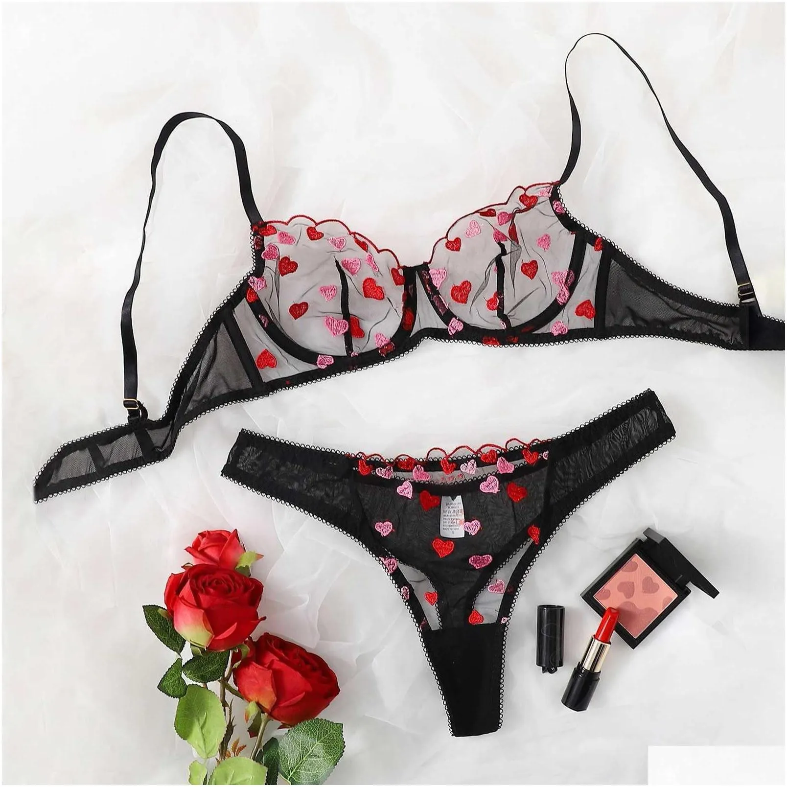 newest love heart embroidery womens erotic sets sexy underwire lingerie underwear set two piece female bra brief set