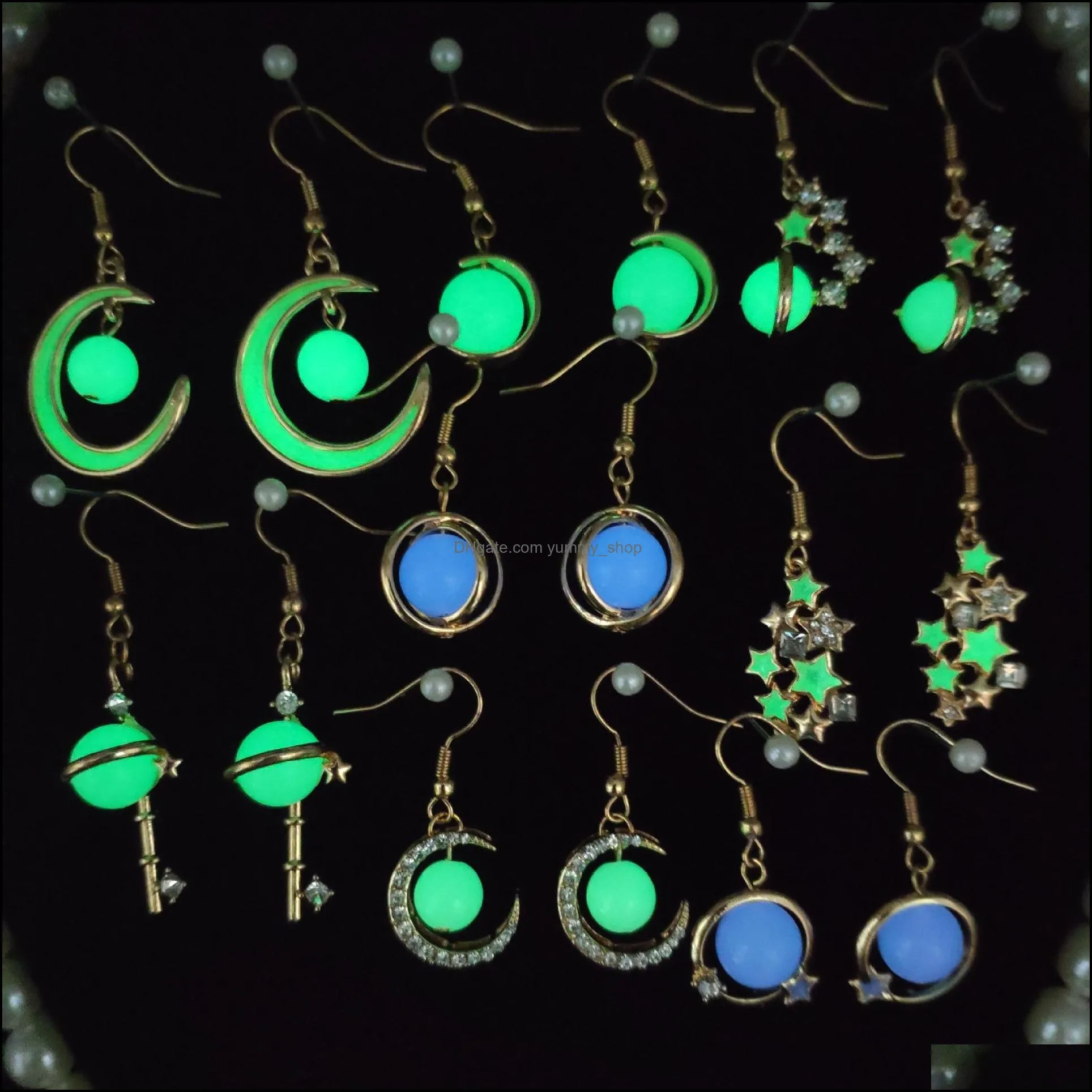 luminous pendant dangle earring classic stars moon key shape glow in the dark earrings women fluorescence jewelry