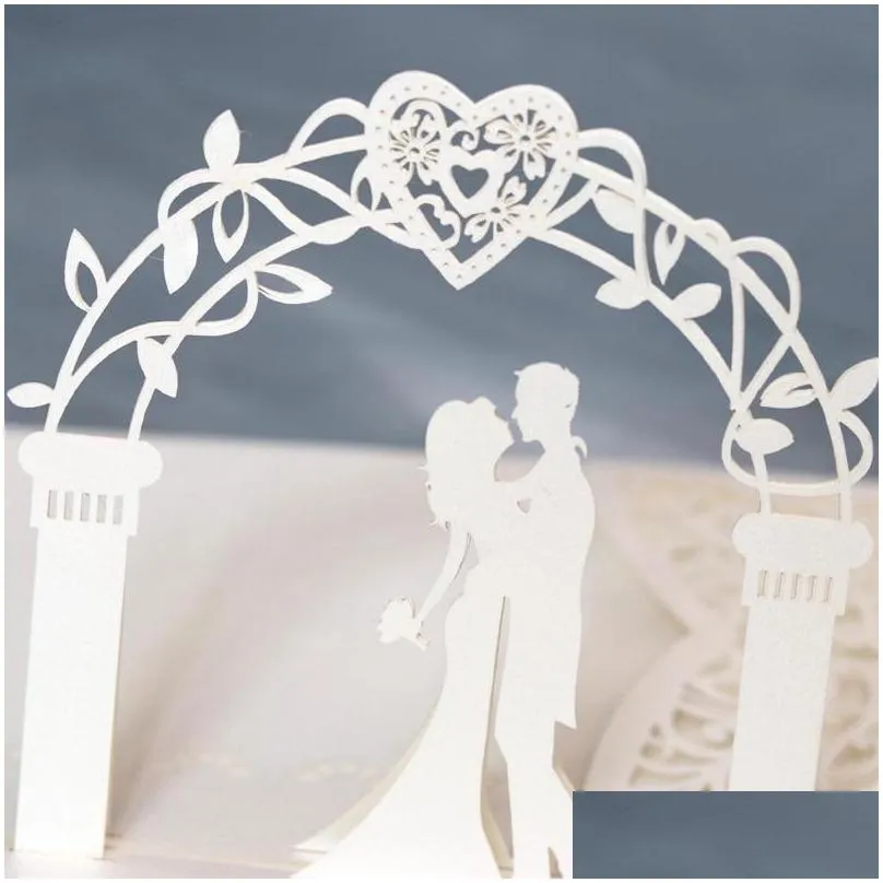 50 pieces/lot 3d bride and groom white wedding invitation card laser cut pocket floral engagement customized invitations ic052