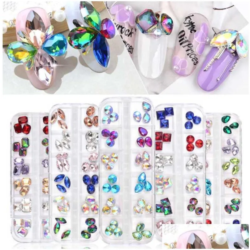 1box colorful nail rhinestones mixed oval waterdrop round chameleon ab crystal glass gems strass 3d glitter nail art decorations