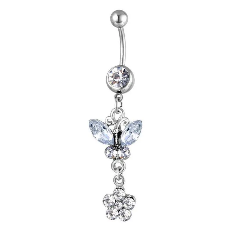 diamond inlay navel rings multicolor butterfly flower puncture jewelry umbilical nail medical steel dance belly ring accessories