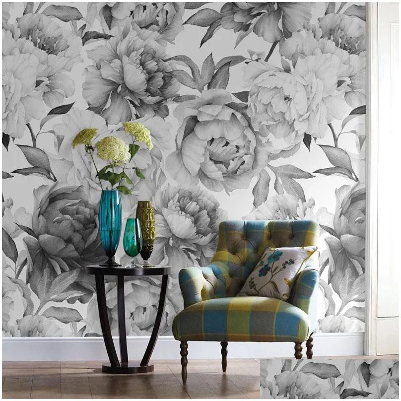 wholesalegrey black and white floral custom 3d wall paper mural on the wall wholesale for office living room meeting room