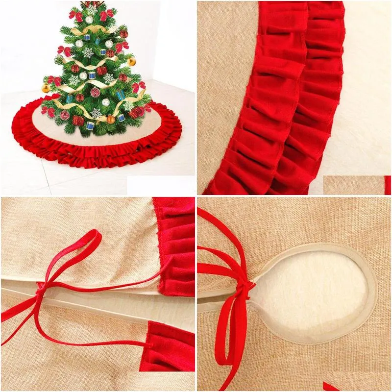 48 inch linen burlap christmas tree skirt plaid ruffle edge border round mat xmas decor