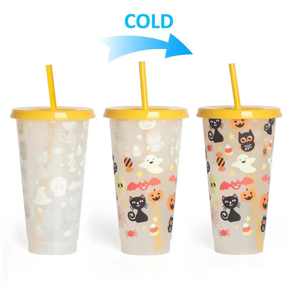 2022 creative drinkware cold colorchanging plastic cups halloween decoration juice cup with lid and straw