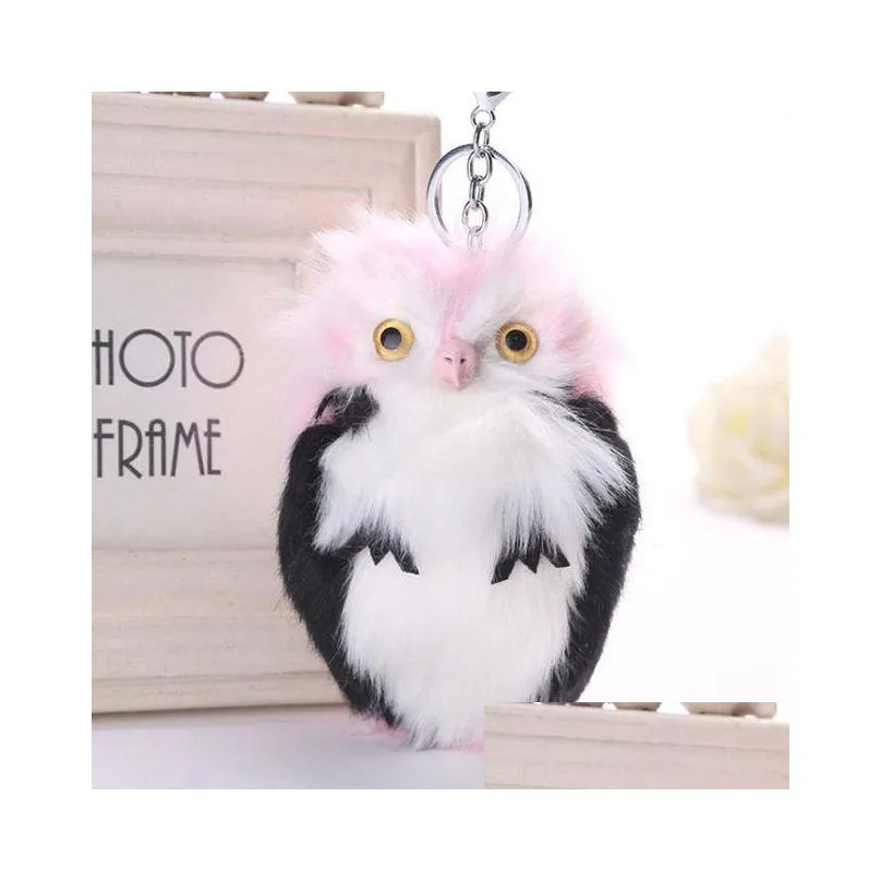 15cm cute fluffy owl keychain pendant women girls key ring faux bunny rabbit fur pompoms key chains for handbag