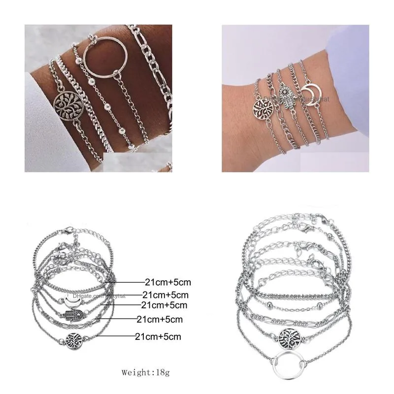 fashion jewelry bracelet set hollow out circle moon chain bracelet 5pcs set