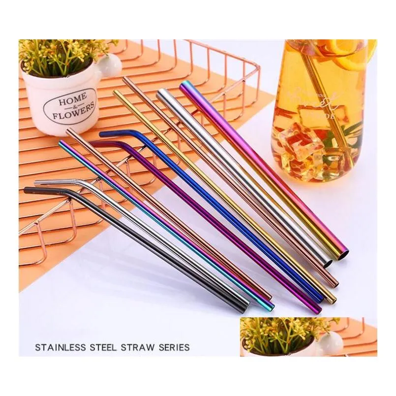 10 colors reusable stainless steel straw set with cleaner brush colorful straw smoothies drinking straws bar drinking tool