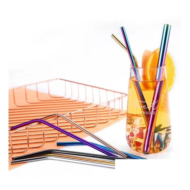 10 colors reusable stainless steel straw set with cleaner brush colorful straw smoothies drinking straws bar drinking tool